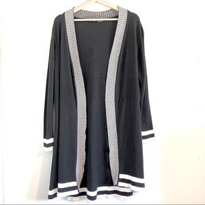 Belldini Long Open Front Knit Duster Cardigan Black White Stripes Zig Zag Medium